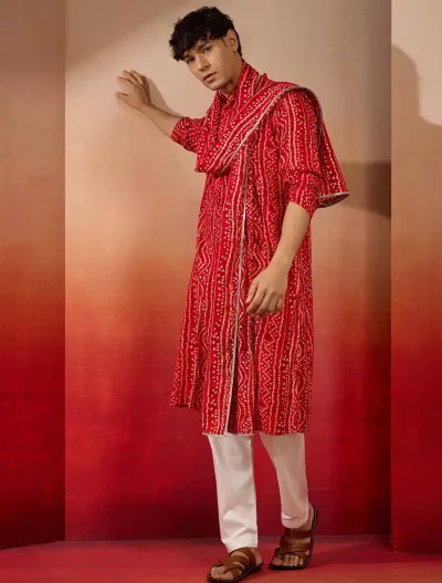 Red Bandhani Kurta Set With Cream Pant And Dupatta Traditional Ethnic Set